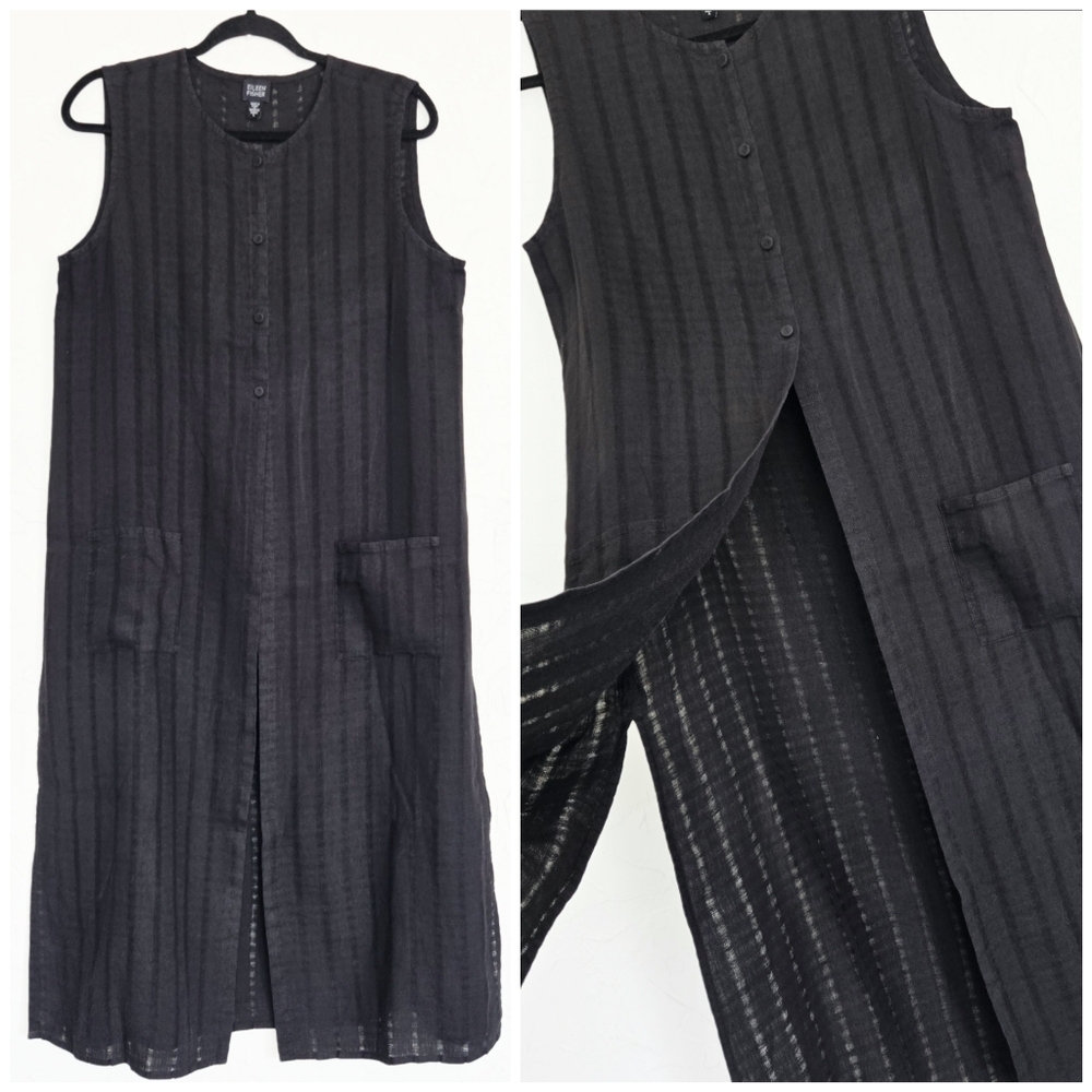 Eileen Fisher Black Striped Sleeveless Long Vest